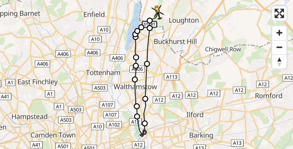 Flight path map showing Police Helicopter route from Sewardstonebury to Metropolitan Police Air Support Unit Lippitts Hill