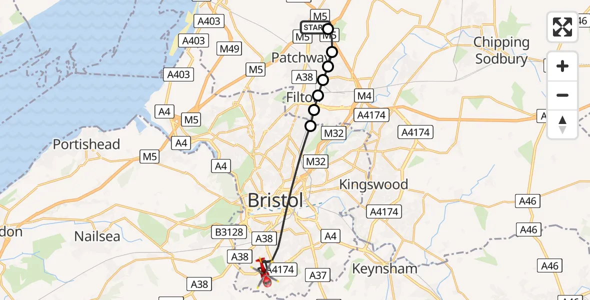 Flight path map showing Air Ambulance Helicopter route from Almondsbury Helicopter Base to Bristol