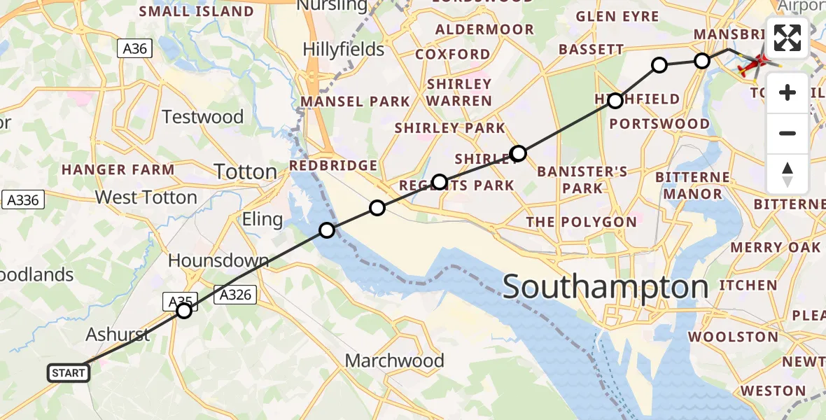 Flight path map showing Air Ambulance Helicopter route from Ashurst to Mansbridge