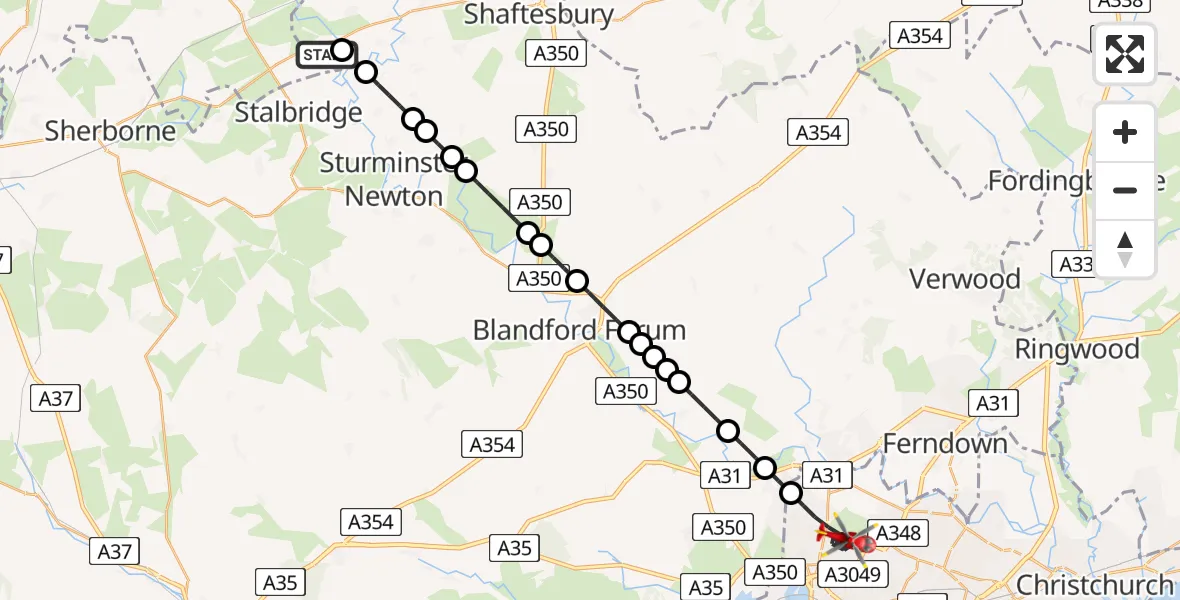 Flight path map showing Air Ambulance Helicopter route from Henstridge Airfield to Poole