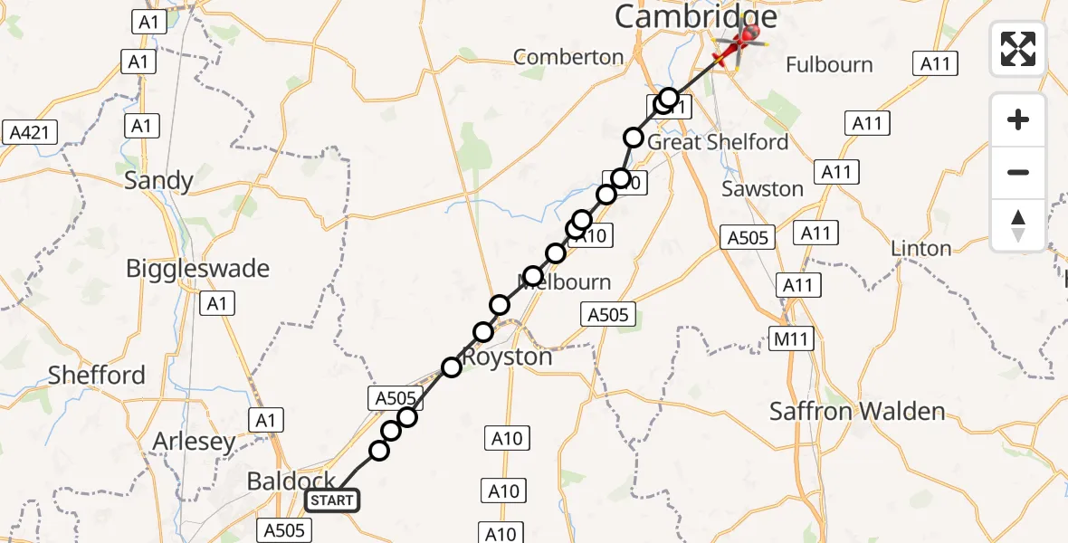 Flight path map showing Air Ambulance Helicopter route from Baldock to Cambridge