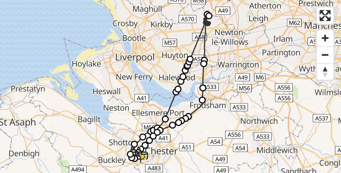 Flight path map showing Police Helicopter route from Hawarden Airport to Hawarden Airport