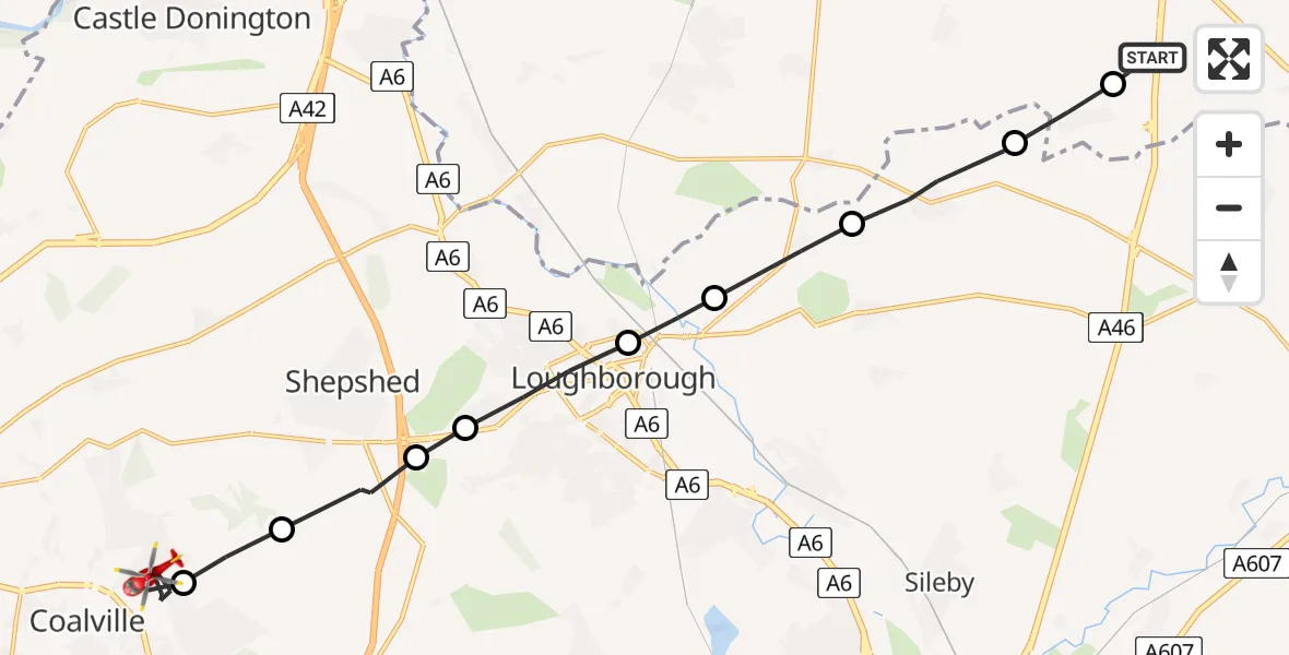 Flight path map showing Air Ambulance Helicopter route from Widmerpool to Coalville