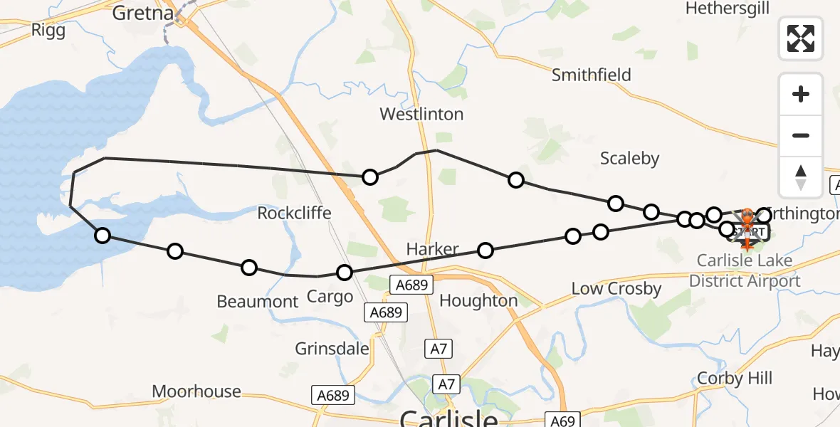 Flight path map showing Coastguard Helicopter route from Carlisle Lake District Airport to Carlisle Lake District Airport
