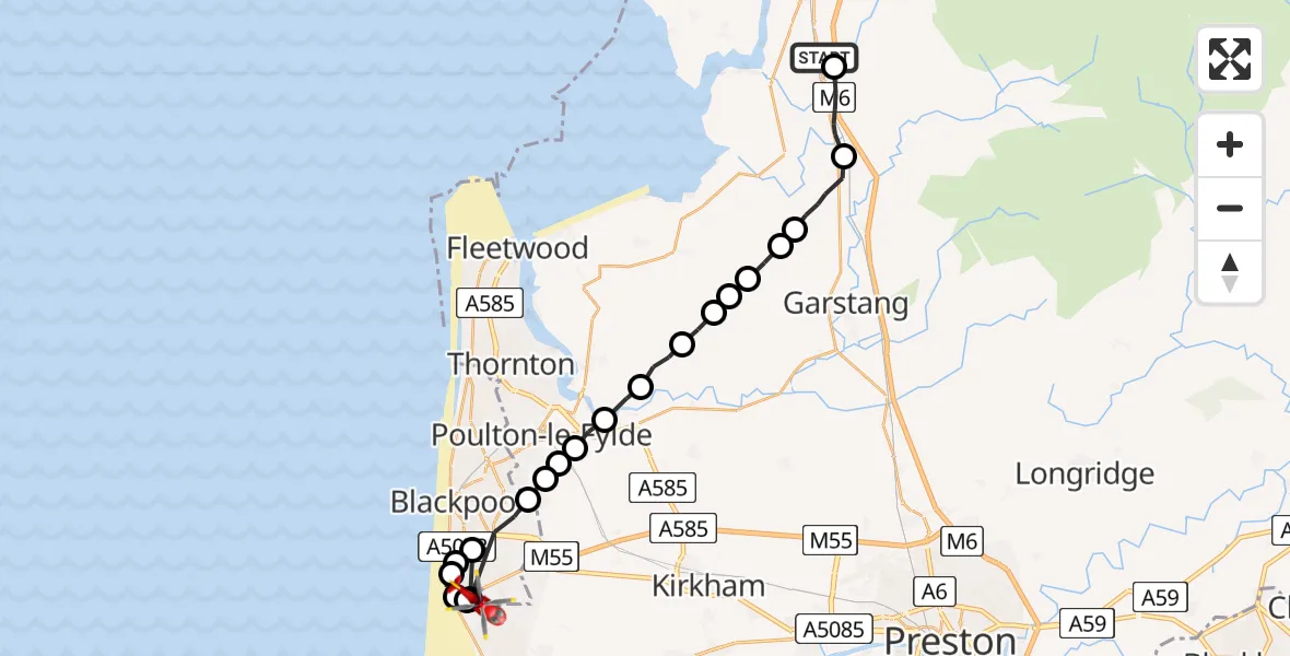 Flight path map showing Air Ambulance Helicopter route from Bailrigg to Blackpool Airport