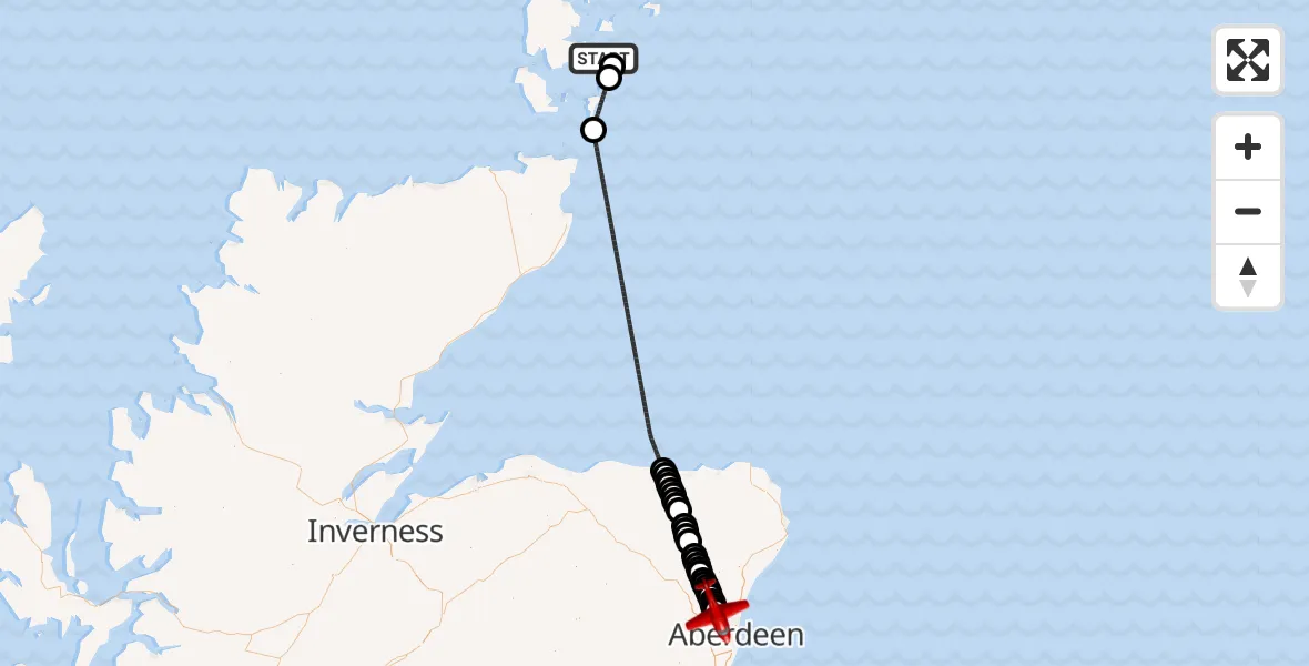 Flight path map showing Air Ambulance Aircraft route from Tankerness to Dyce and Stoneywood