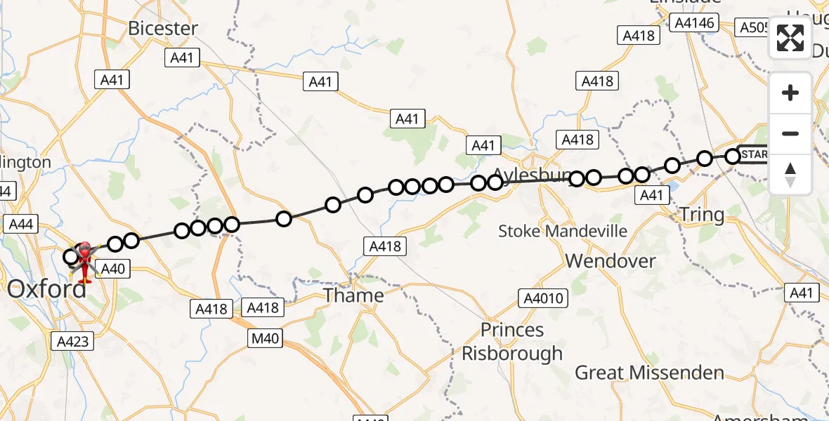 Flight path map showing Air Ambulance Helicopter route from Ivinghoe to Oxford