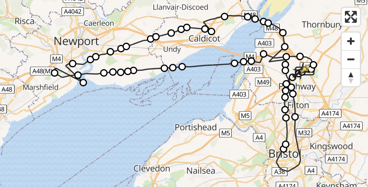 Flight path map showing Police Helicopter route from Almondsbury Helicopter Base to Almondsbury Helicopter Base