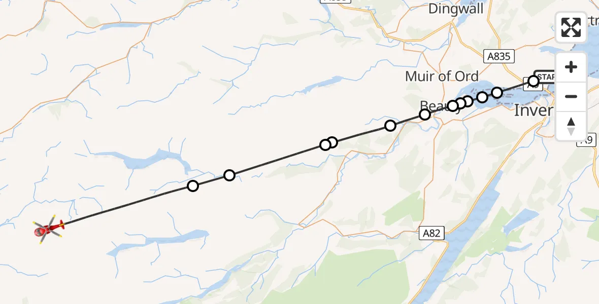 Flight path map showing Air Ambulance Helicopter route from Inverness to Highland