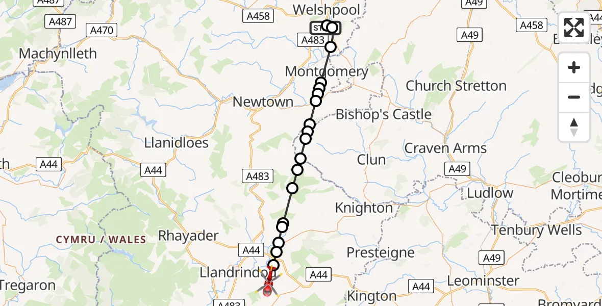 Flight path map showing Air Ambulance Helicopter route from Welshpool Airport to Bettws Disserth