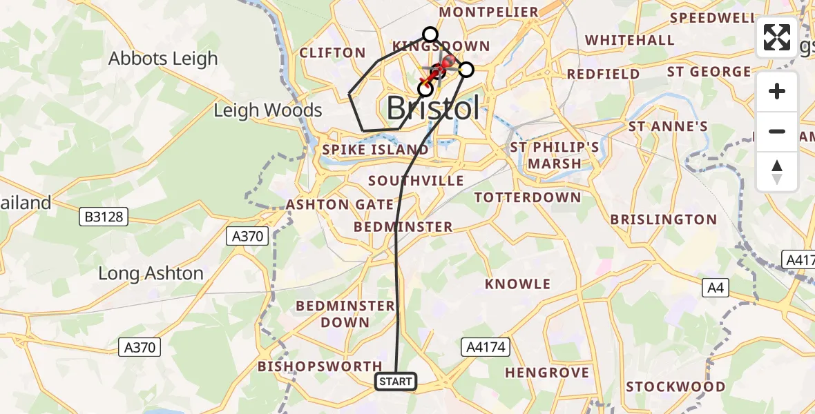 Flight path map showing Air Ambulance Helicopter route from Bristol to Bristol Royal Infirmary