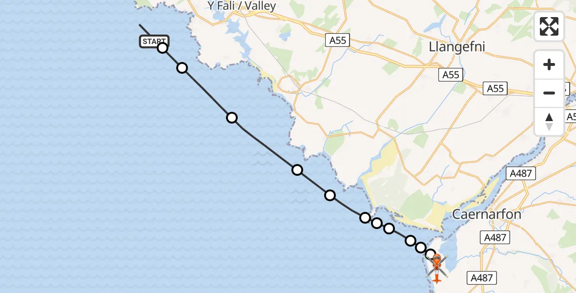 Flight path map showing Coastguard Helicopter route from Penrhosfeilw to Caernarfon Airport