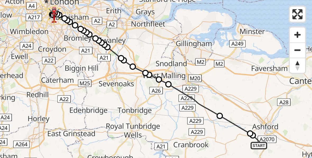 Flight path map showing Air Ambulance Helicopter route from Ashford to Kings College London Hospital