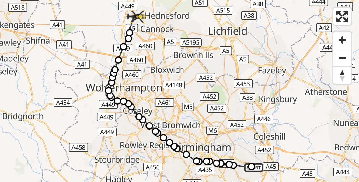 Flight path map showing Police Helicopter route from Birmingham Airport to Otherton Airfield