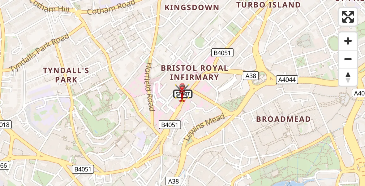 Flight path map showing Air Ambulance Helicopter route from Bristol Royal Infirmary to Bristol Royal Infirmary