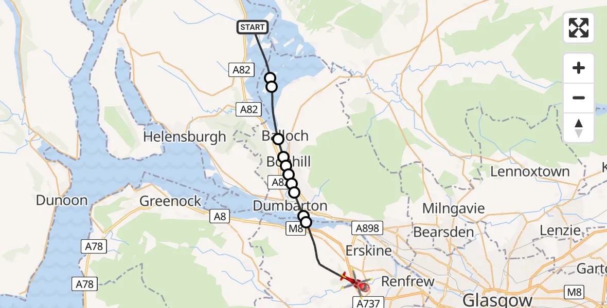 Flight path map showing Air Ambulance Helicopter route from Loch Lomond to Renfrewshire