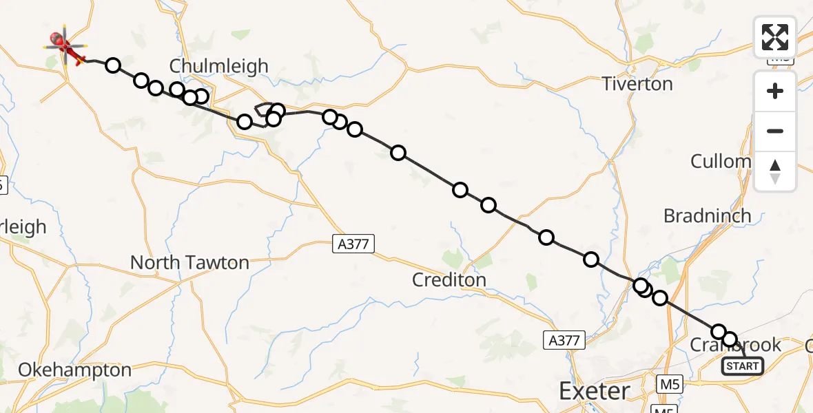 Flight path map showing Air Ambulance Helicopter route from Rockbeare to Torridge