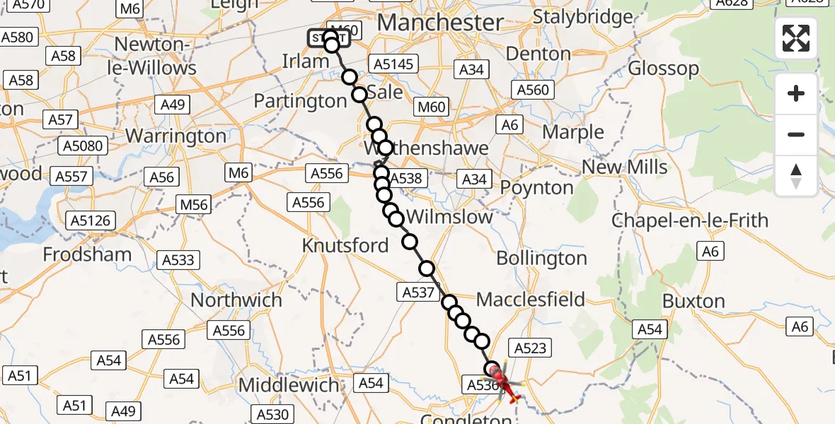 Flight path map showing Air Ambulance Helicopter route from Manchester Barton Aerodrome to North Rode