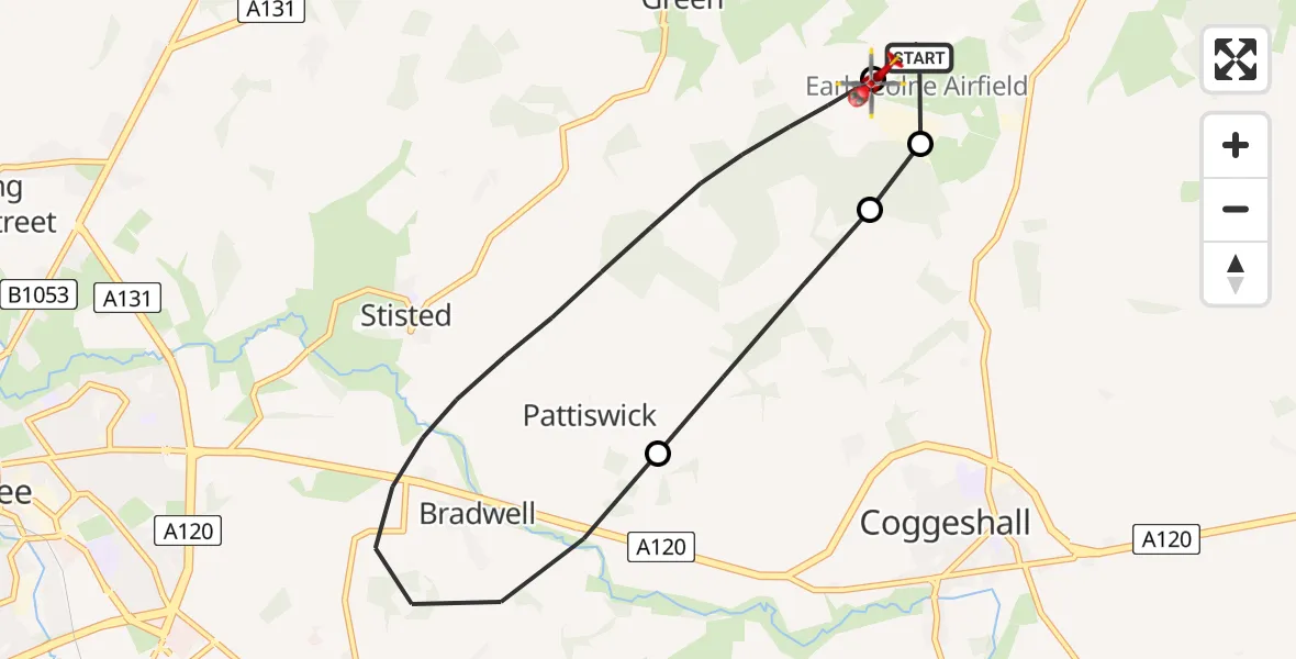 Flight path map showing Air Ambulance Helicopter route from Earls Colne Airfield to Earls Colne Airfield