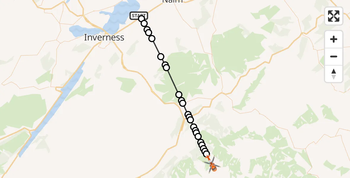 Flight path map showing Coastguard Helicopter route from Inverness Airport to Highland