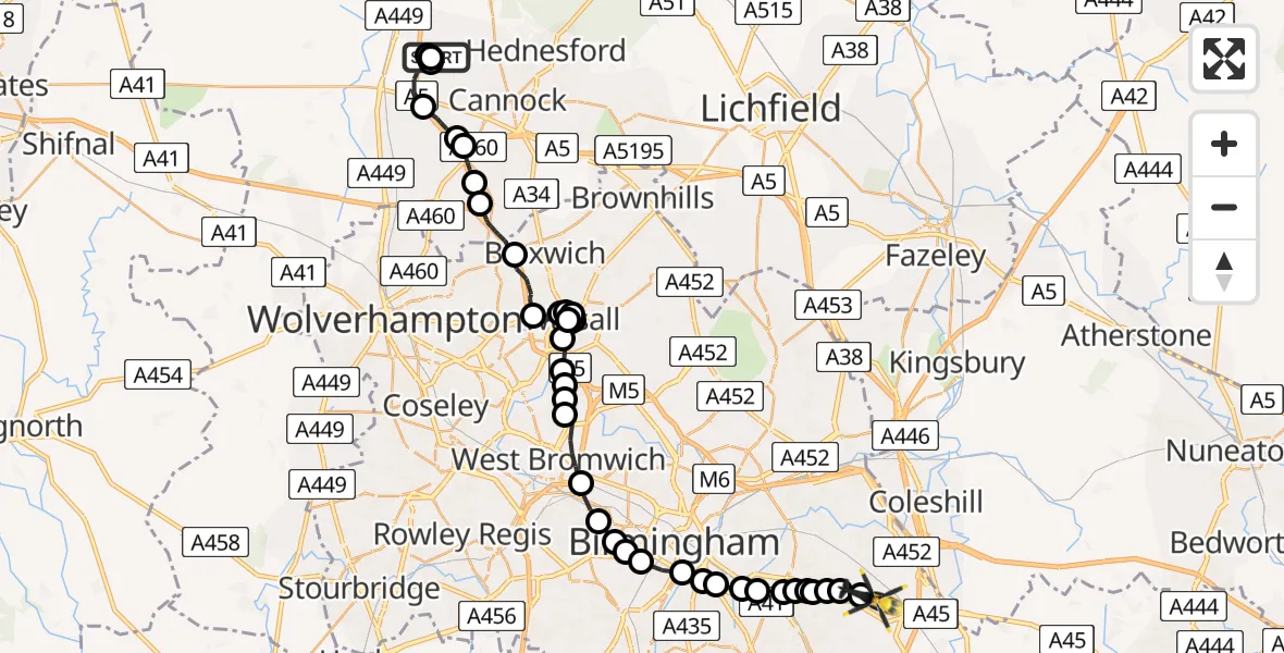 Flight path map showing Police Helicopter route from Otherton Airfield to Birmingham Airport
