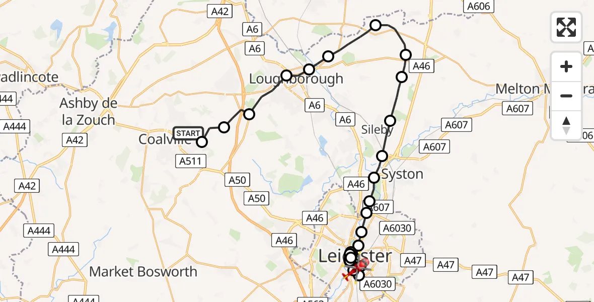 Flight path map showing Air Ambulance Helicopter route from Coalville to Bede Island