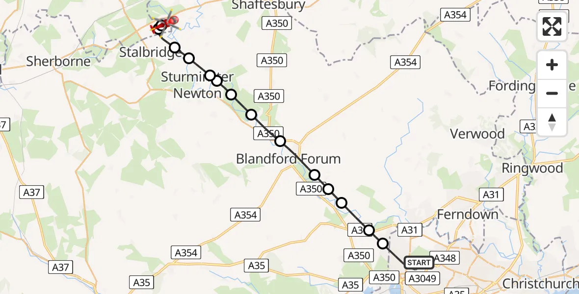 Flight path map showing Air Ambulance Helicopter route from Poole to Henstridge Airfield