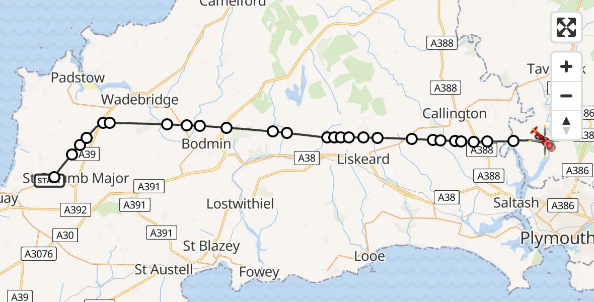 Flight path map showing Air Ambulance Helicopter route from Cornwall Airport Newquay to Bere Alston