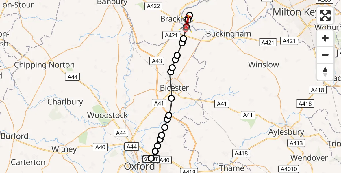 Flight path map showing Air Ambulance Helicopter route from John Radcliffe Hospital to Turweston