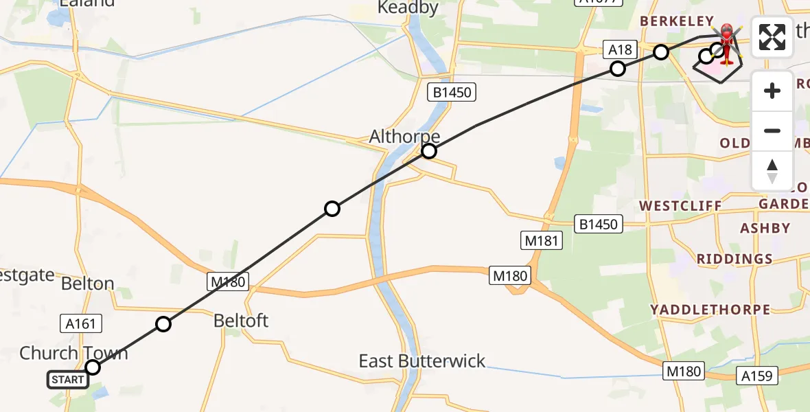 Flight path map showing Air Ambulance Helicopter route from Grey Green to Scunthorpe