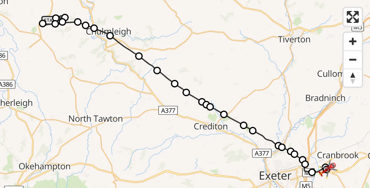 Flight path map showing Air Ambulance Helicopter route from Eaglescott Airfield to Exeter International Airport