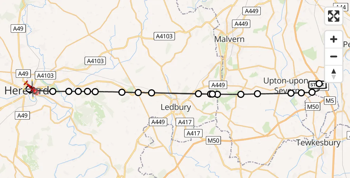 Flight path map showing Air Ambulance Helicopter route from Hill Croome to Hereford County Hospital