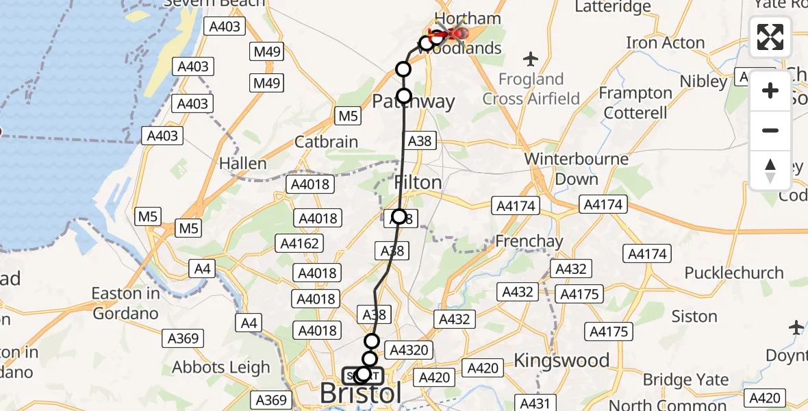 Flight path map showing Air Ambulance Helicopter route from Bristol Royal Infirmary to Almondsbury Helicopter Base