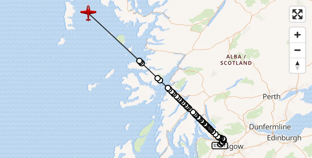 Flight path map showing Air Ambulance Aircraft route from Glasgow Airport to Inner Seas