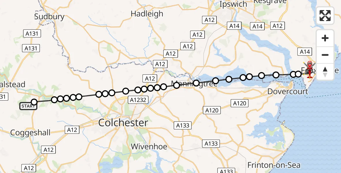 Flight path map showing Air Ambulance Helicopter route from Earls Colne Airfield to Felixstowe