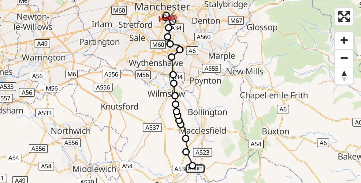 Flight path map showing Air Ambulance Helicopter route from Bosley to Chorlton-on-Medlock