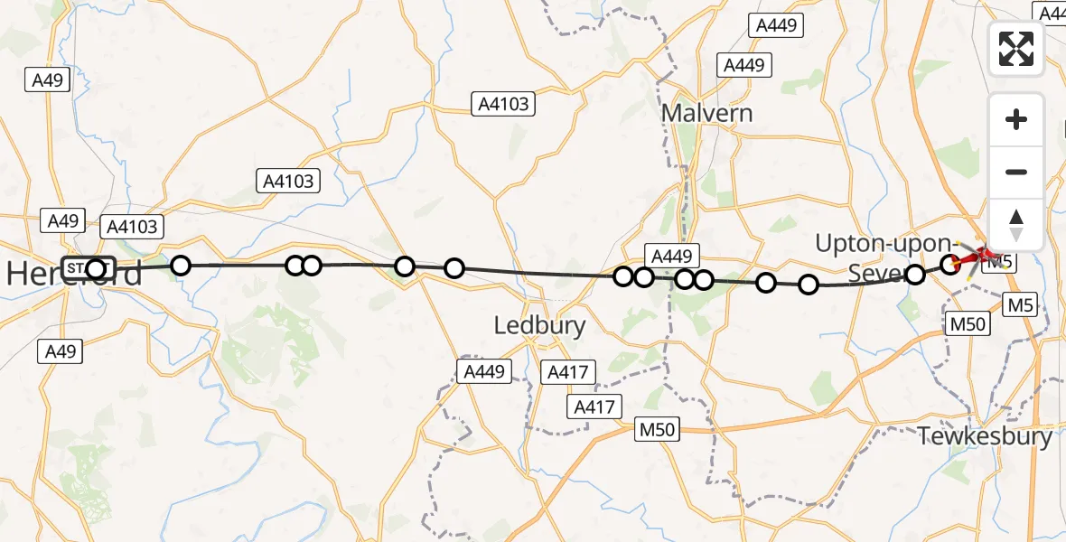 Flight path map showing Air Ambulance Helicopter route from Hereford County Hospital to Upper Strensham