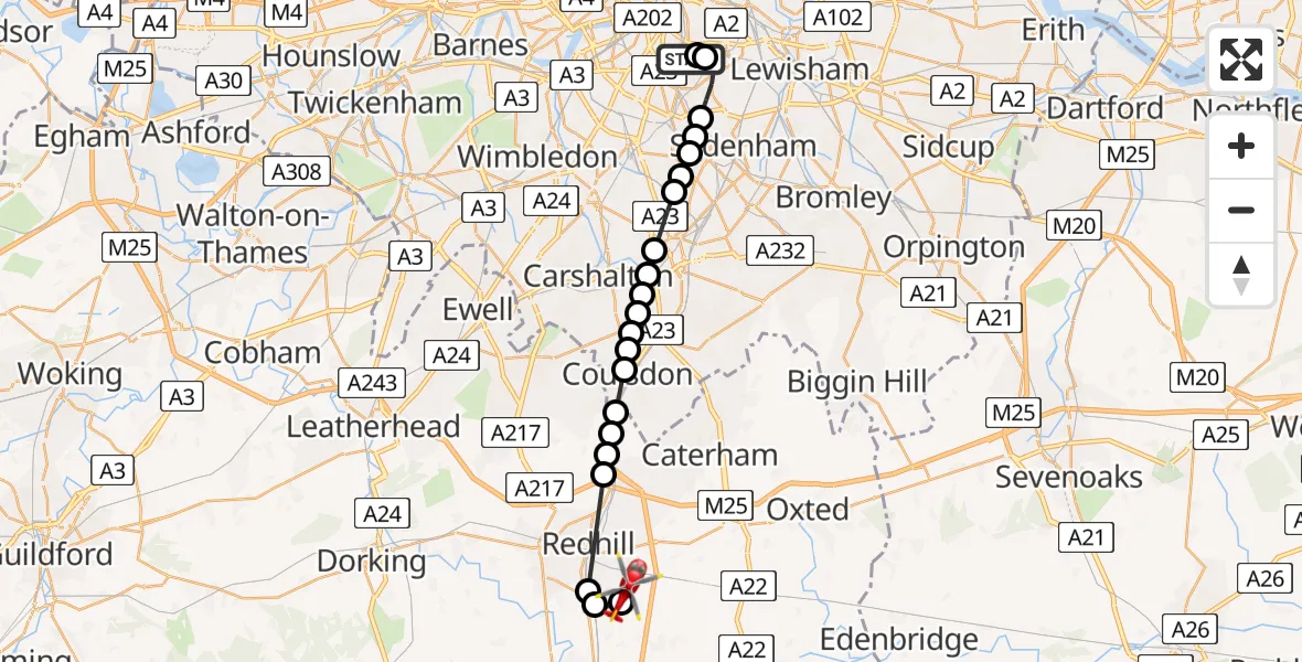 Flight path map showing Air Ambulance Helicopter route from Kings College London Hospital to Redhill Aerodrome