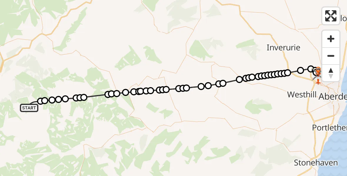 Flight path map showing Coastguard Helicopter route from Highland to Aberdeen International Airport