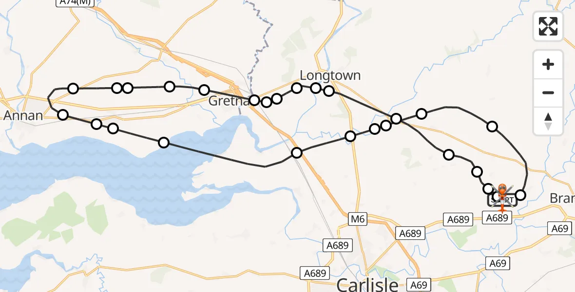 Flight path map showing Coastguard Helicopter route from Carlisle Lake District Airport to Carlisle Lake District Airport