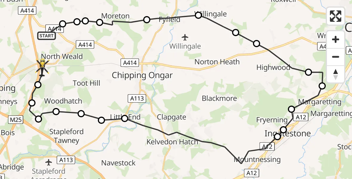 Flight path map showing Police Helicopter route from North Weald Airfield to Coopersale
