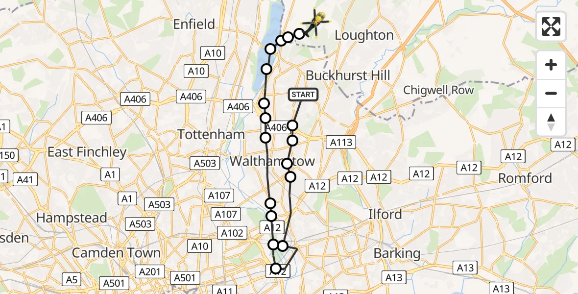 Flight path map showing Police Helicopter route from Highams Park to Chingford