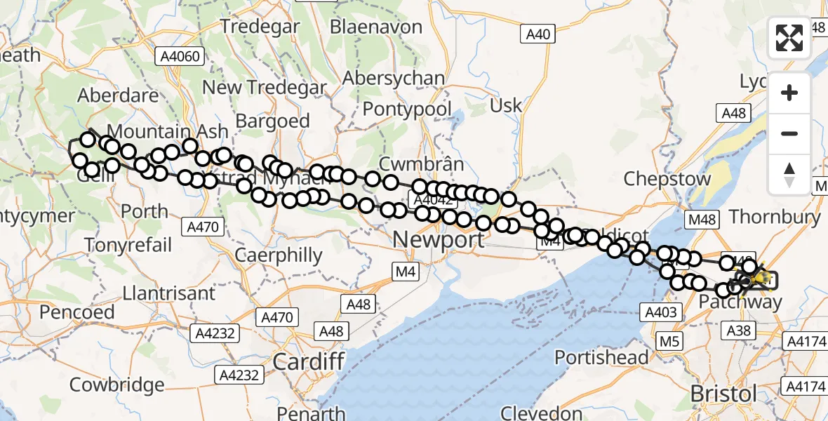Flight path map showing Police Helicopter route from Hortham to Almondsbury Helicopter Base