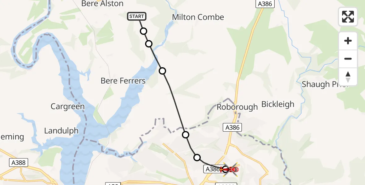 Flight path map showing Air Ambulance Helicopter route from Bere Alston to Derriford Hospital