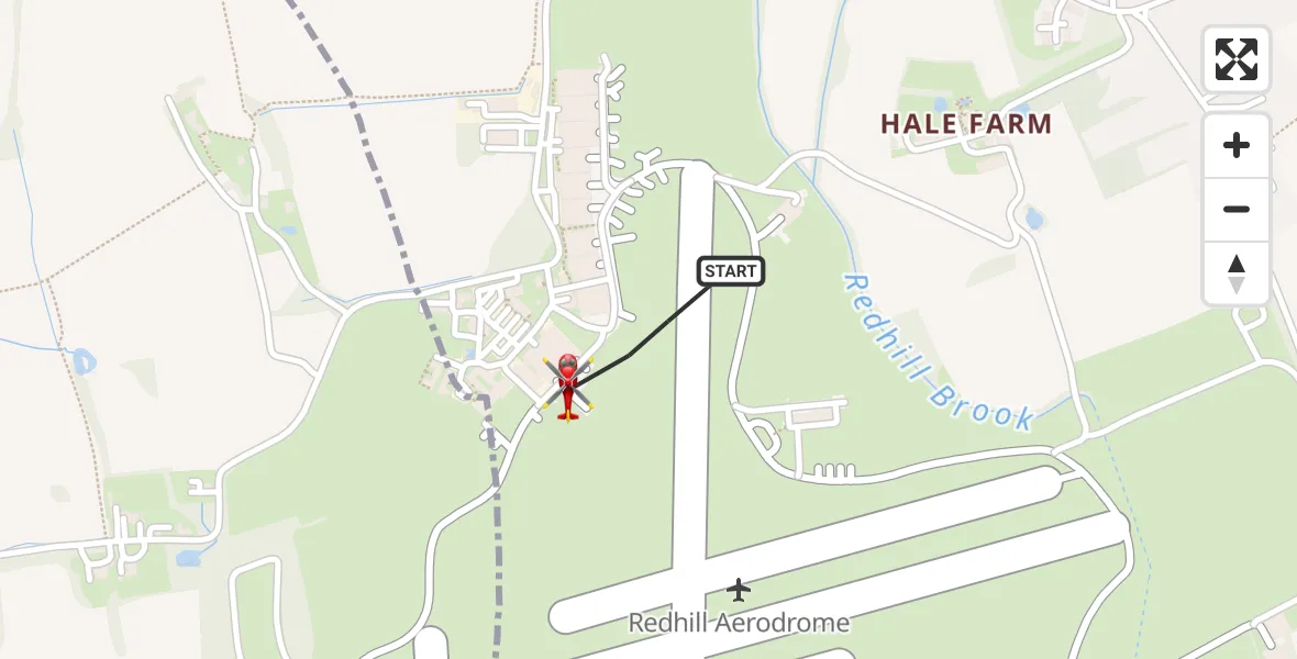 Flight path map showing Air Ambulance Helicopter route from Redhill Aerodrome to Redhill Aerodrome