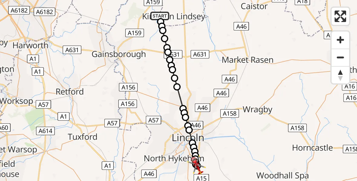 Flight path map showing Air Ambulance Helicopter route from Kirton in Lindsey to North Kesteven
