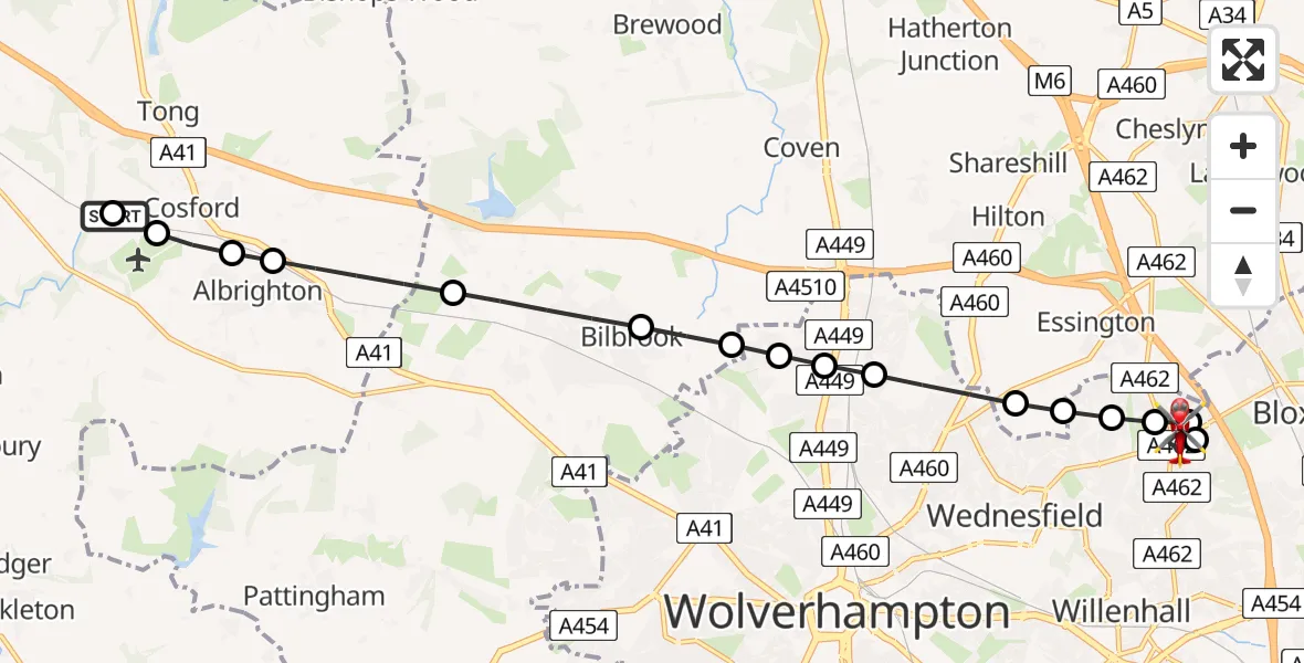 Flight path map showing Air Ambulance Helicopter route from RAF Cosford to Willenhall