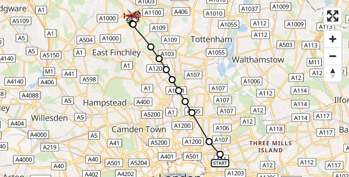 Flight path map showing Air Ambulance Helicopter route from Royal London Hospital to Colney Hatch