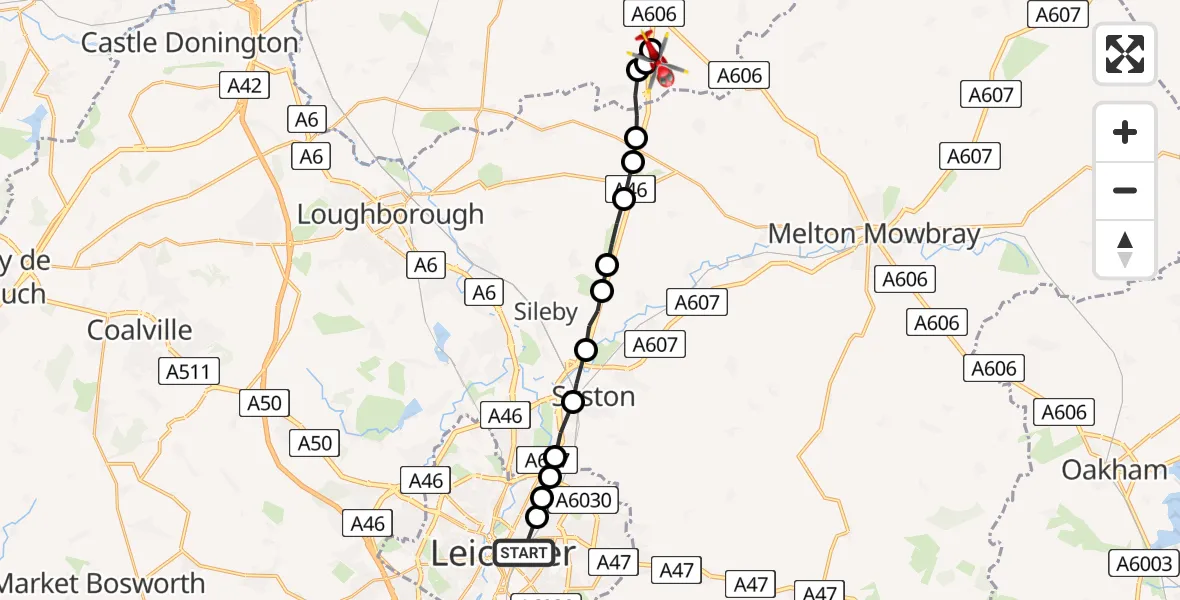 Flight path map showing Air Ambulance Helicopter route from Highfields to Nottingham Heliport