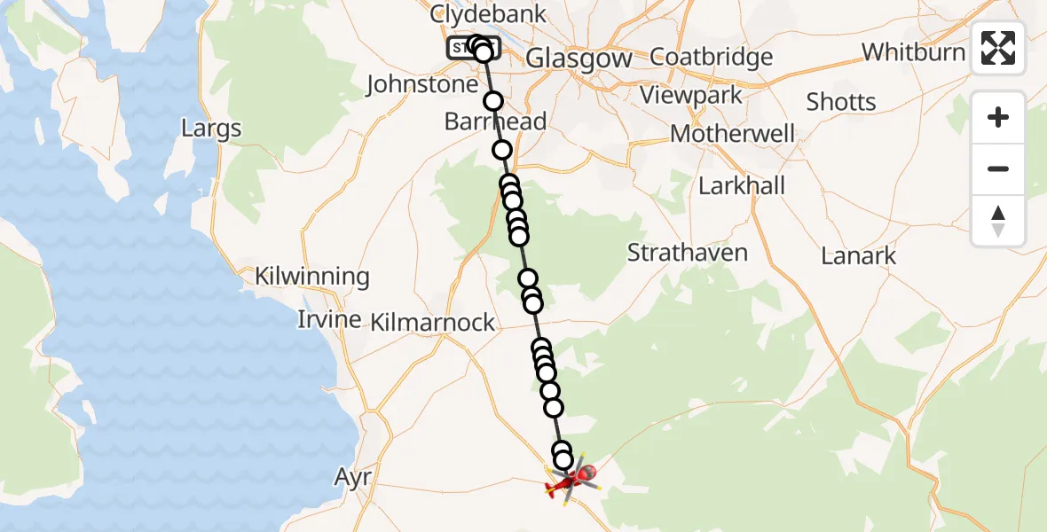 Flight path map showing Air Ambulance Helicopter route from Glasgow Airport to Cumnock
